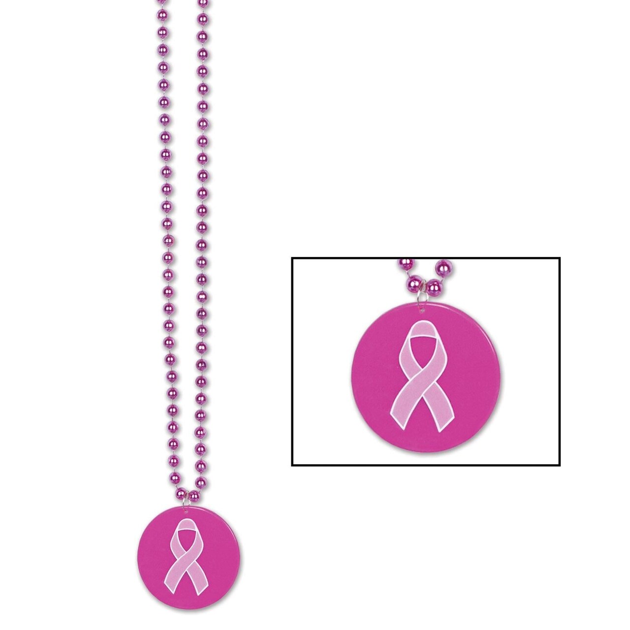 12 Pack Bulk Bead Necklace with Printed Pink Ribbon Medallion